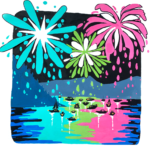 A painting of fireworks and water
