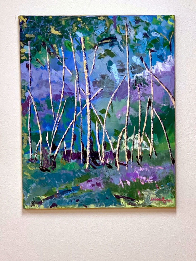 A painting of trees in the woods with purple flowers.