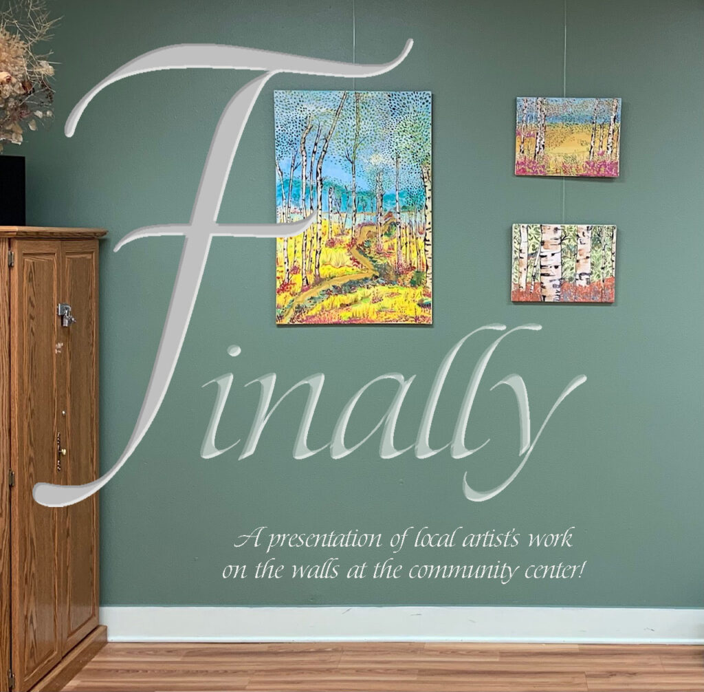 A wall with three paintings and the word " finally ".