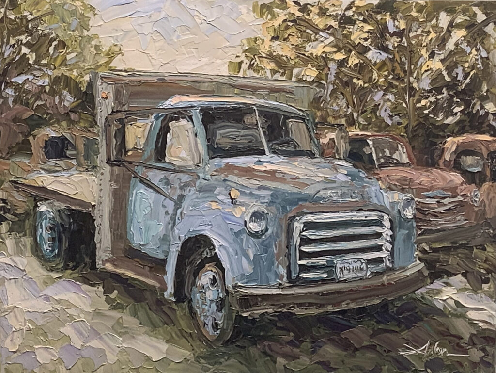 A painting of an old truck in the middle of a road.